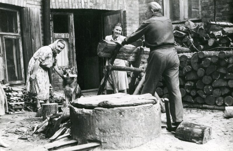 KKE 5731.jpg - Fot. Na podwórzu. Prace na podwórzu: Antoni Graszko z Teresą Graszko trzymają pień drzewa, nieznana kobieta trzyma psa, Wilno, 1951 r. Fotograf: Barbara Graszko.